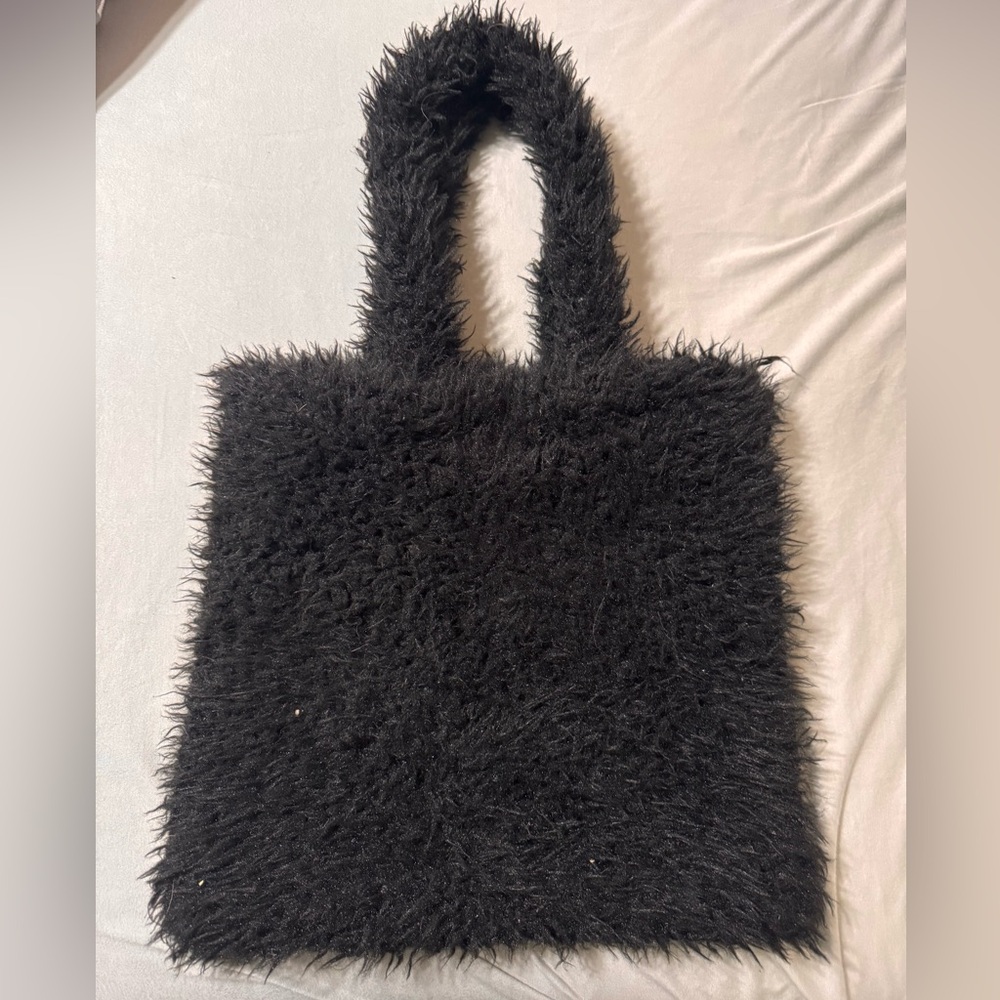 Black Fuzzy Tote Bag - Stylish Plush Women’s Handbag